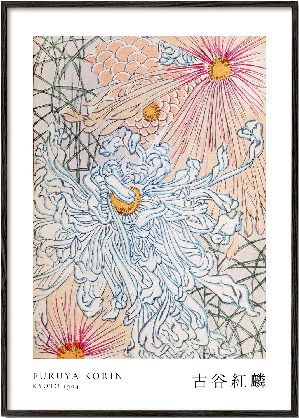 Japansk botanisk plakat med blå krysantemum