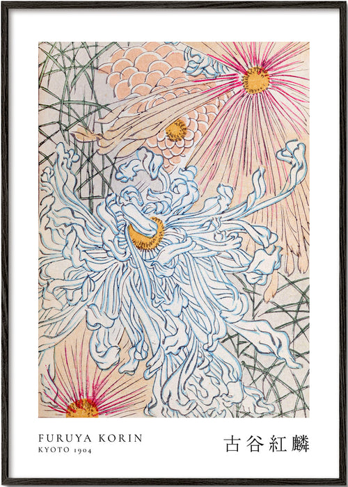 Japansk botanisk plakat med blå krysantemum