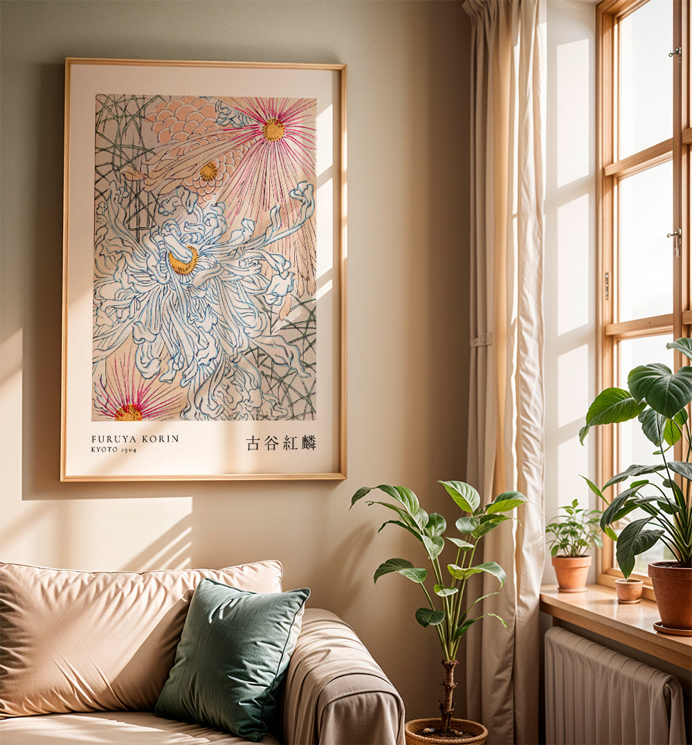 Japansk botanisk plakat med blå krysantemum