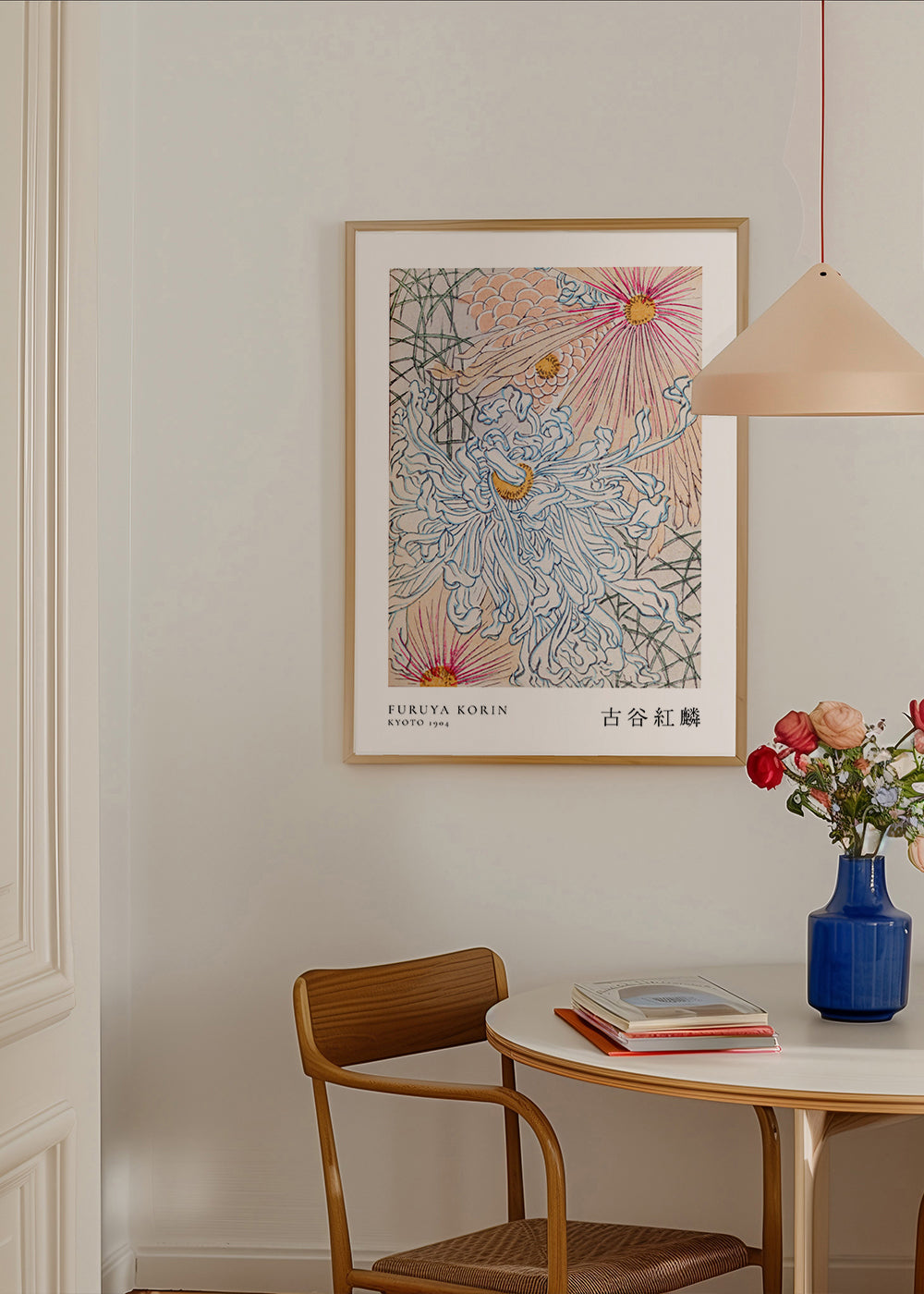 Japansk botanisk plakat med blå krysantemum