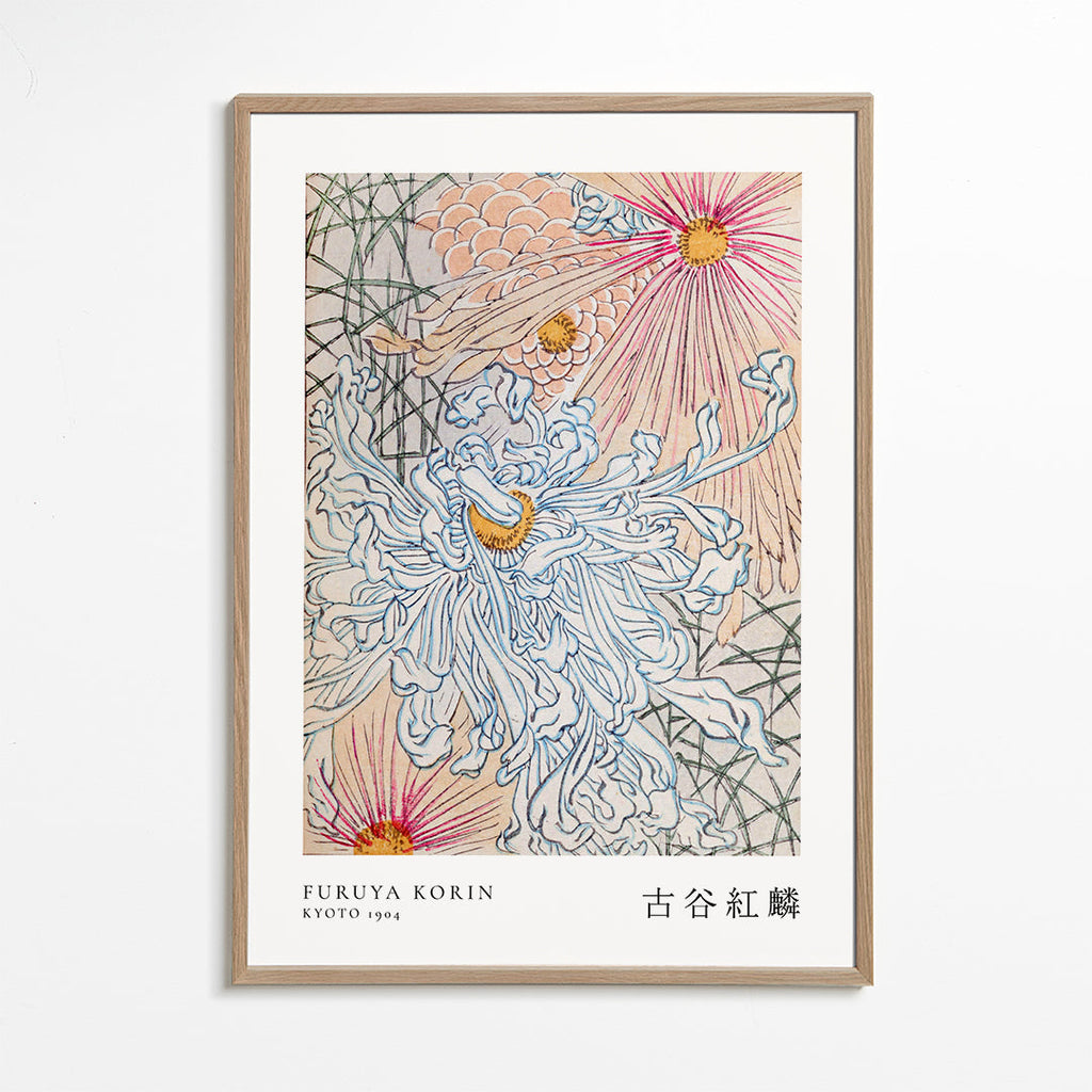 Japansk botanisk plakat med blå krysantemum