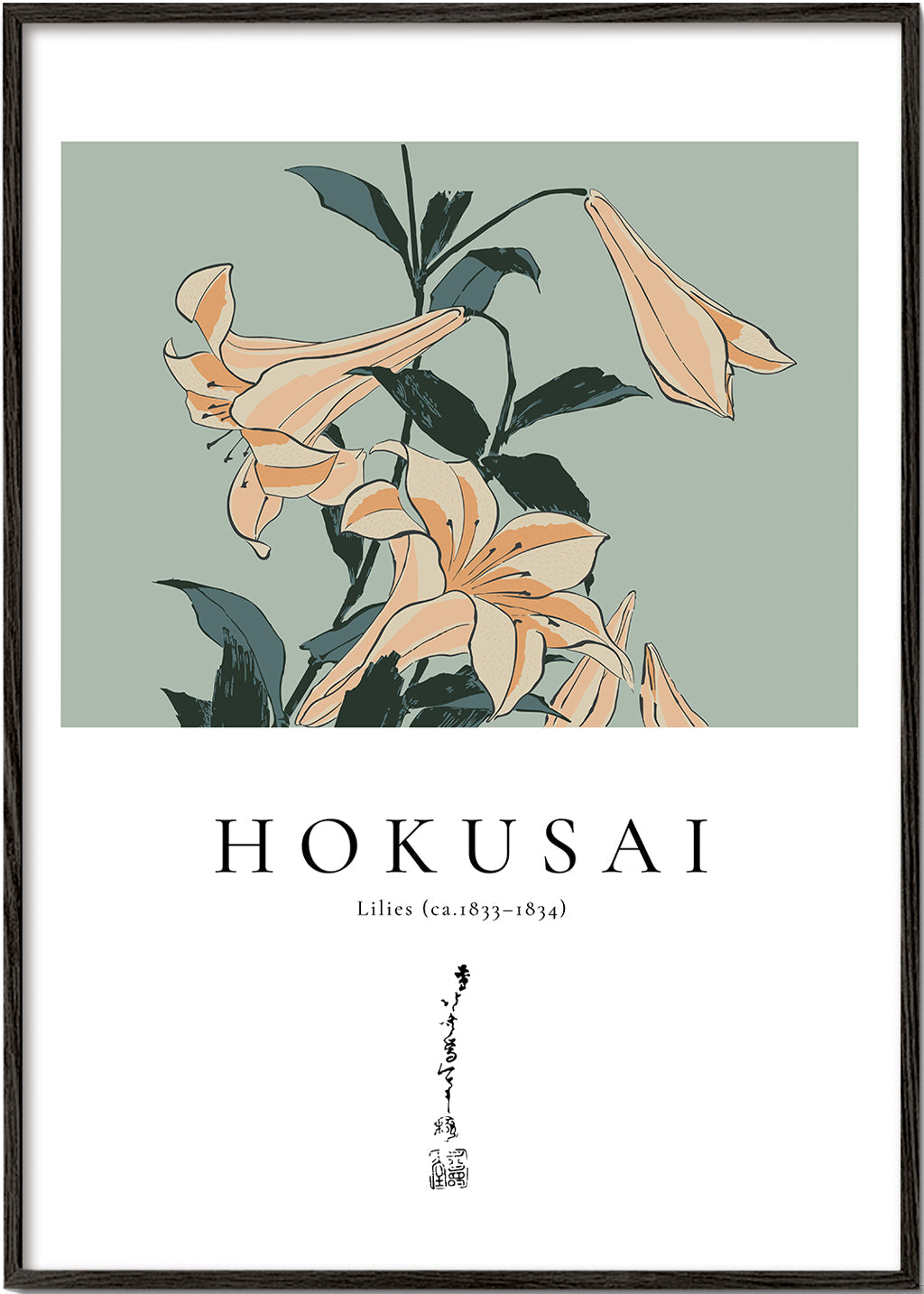 Botanisk plakat Hokusai — liljer på grønt felt