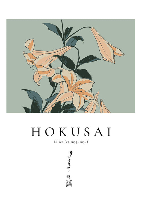 Botanisk plakat Hokusai — liljer på grønt felt