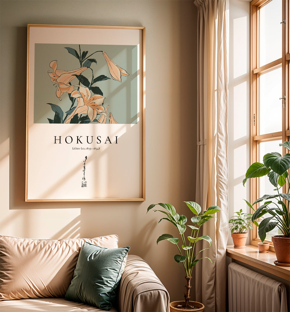 Botanisk plakat Hokusai — liljer på grønt felt