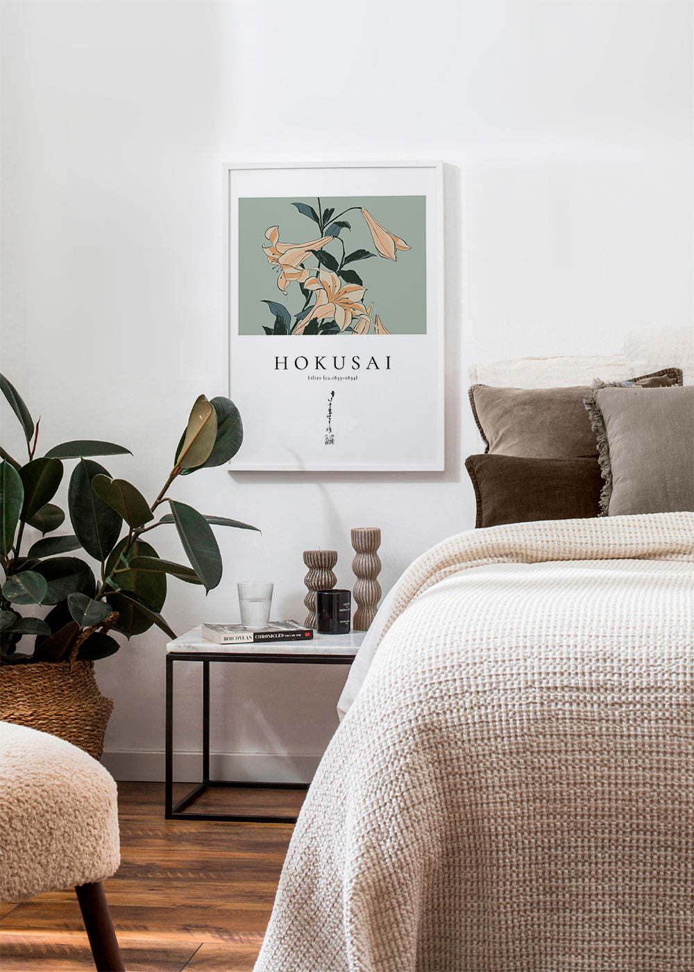 Botanisk plakat Hokusai — liljer på grønt felt