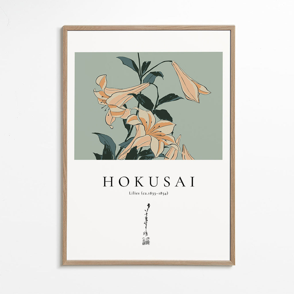 Botanisk plakat Hokusai — liljer på grønt felt