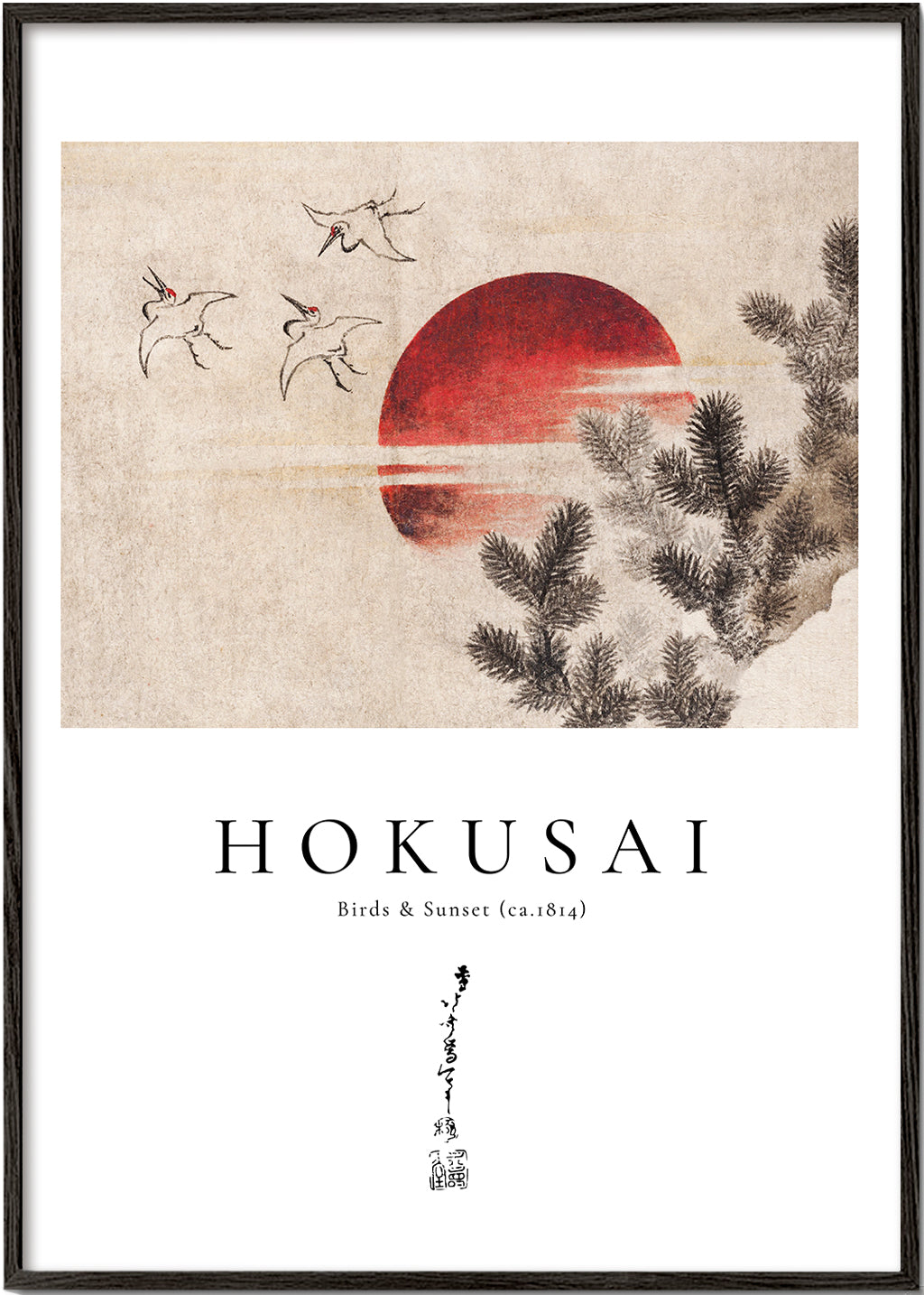 Kunst Hokusai: fugle og solnedgang med rød sol