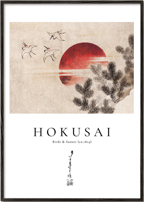 Kunst Hokusai: fugle og solnedgang med rød sol