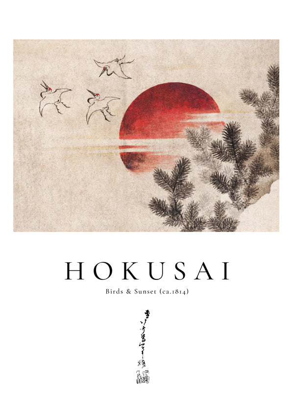 Kunst Hokusai: fugle og solnedgang med rød sol
