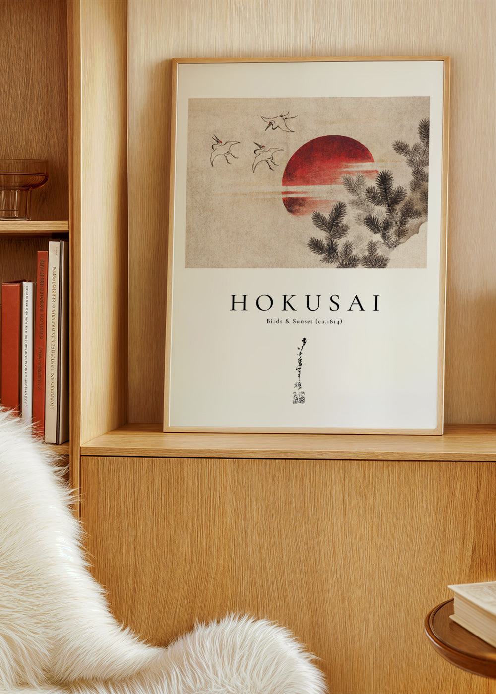 Kunst Hokusai: fugle og solnedgang med rød sol