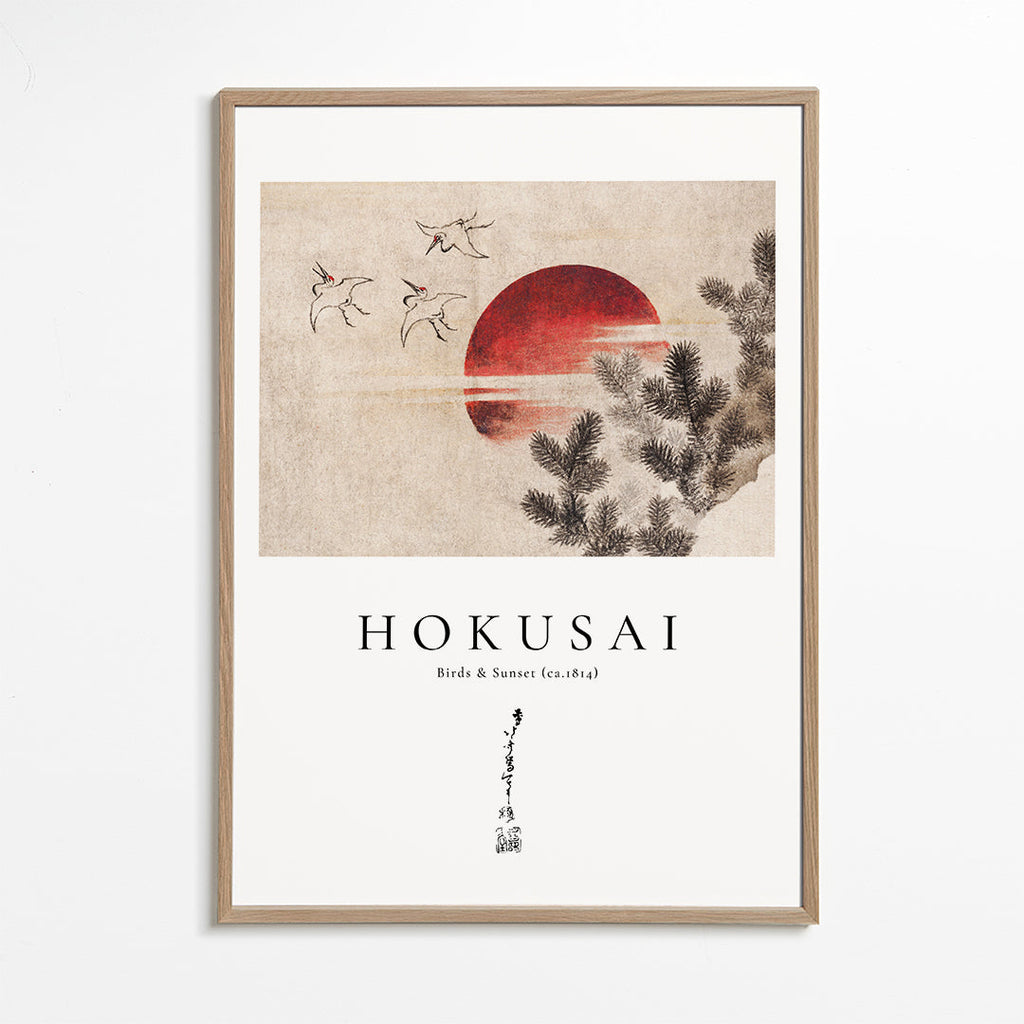 Kunst Hokusai: fugle og solnedgang med rød sol