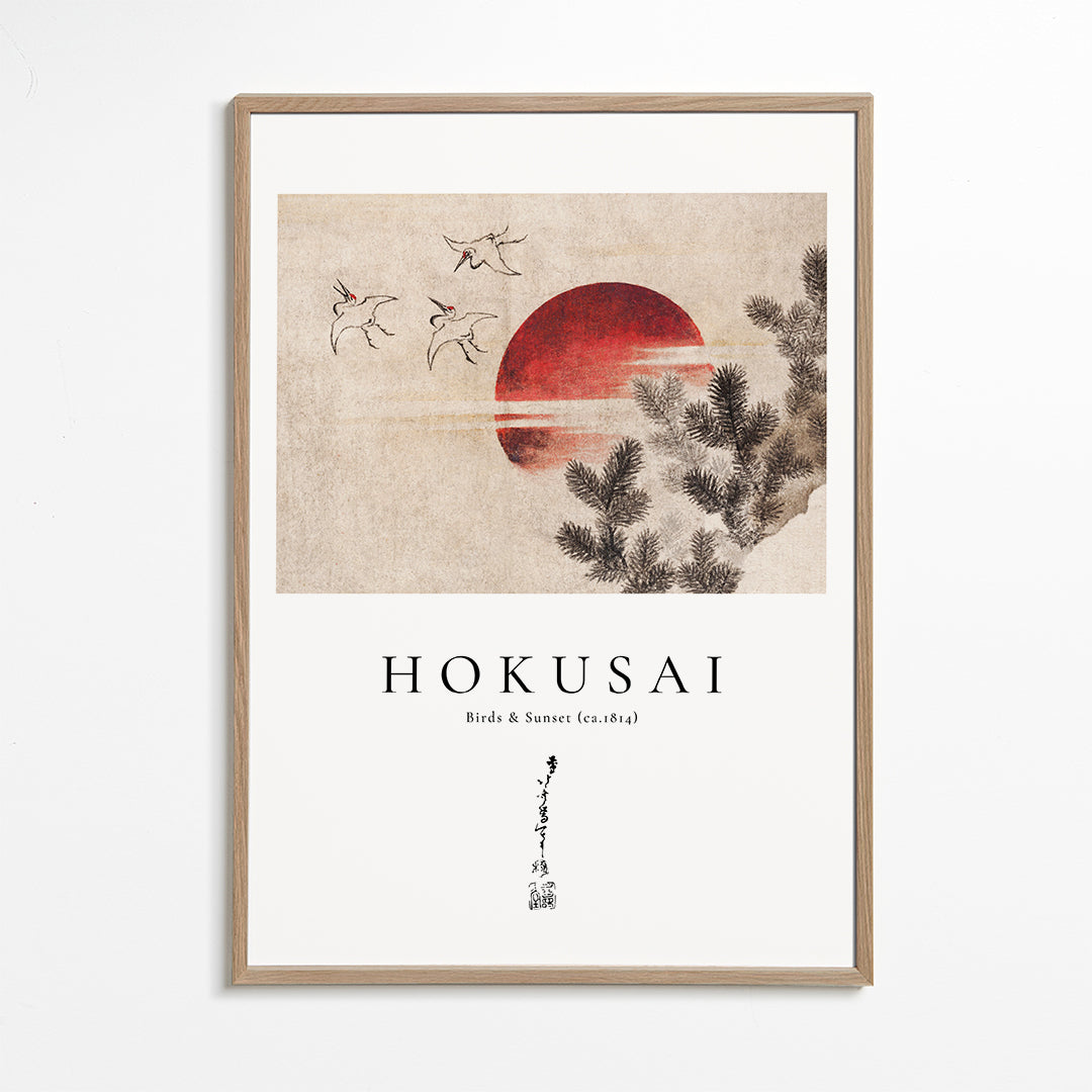 Kunst Hokusai: fugle og solnedgang med rød sol