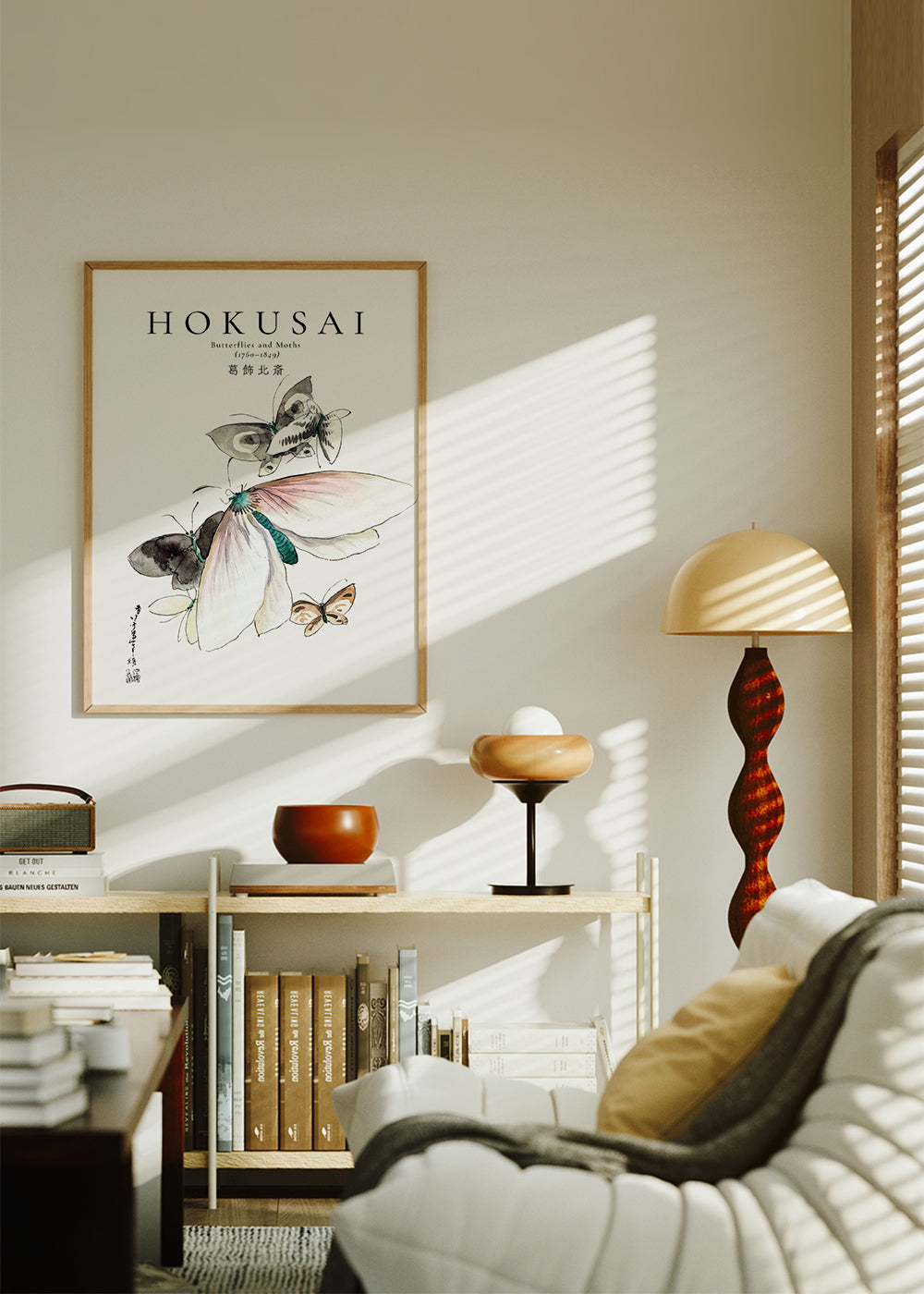 Hokusai sommerfugleillustration i blæk og akvarel