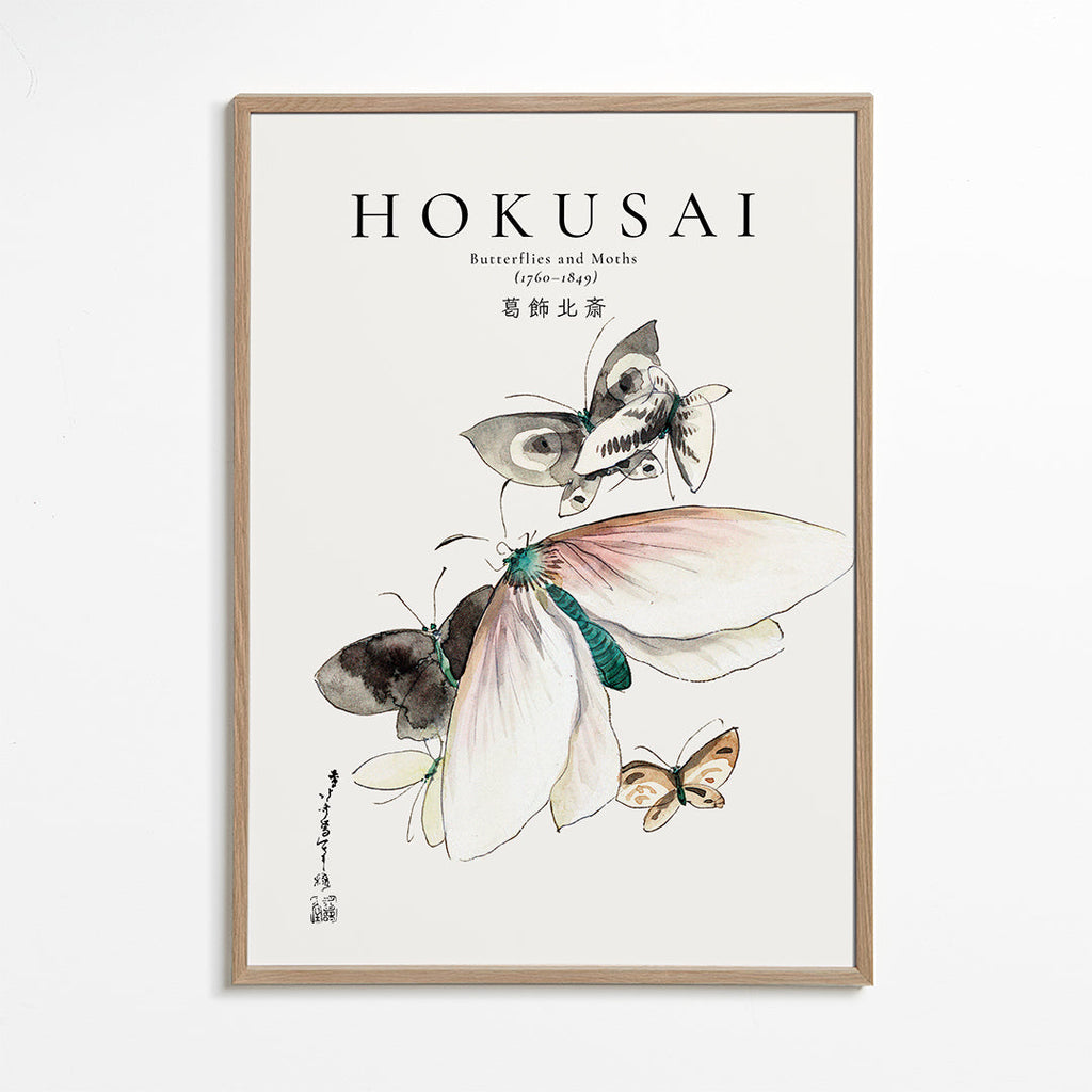 Hokusai sommerfugleillustration i blæk og akvarel