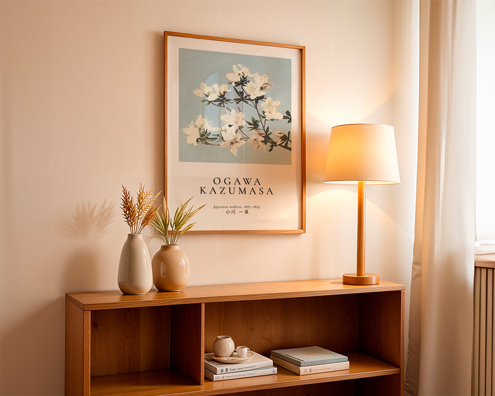 Botanisk plakat: japanske azalea på blå