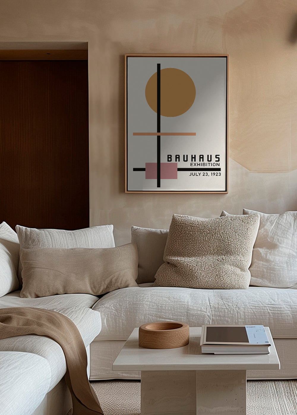 Geometrisk Bauhaus-plakat med cirkelsol og akser