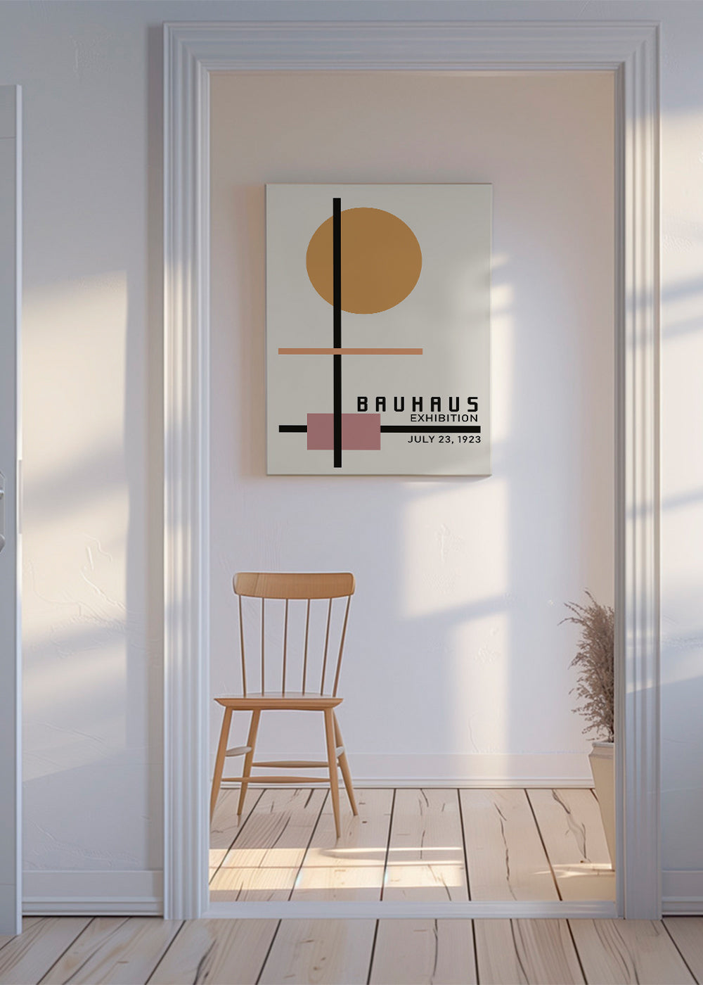 Geometrisk Bauhaus-plakat med cirkelsol og akser