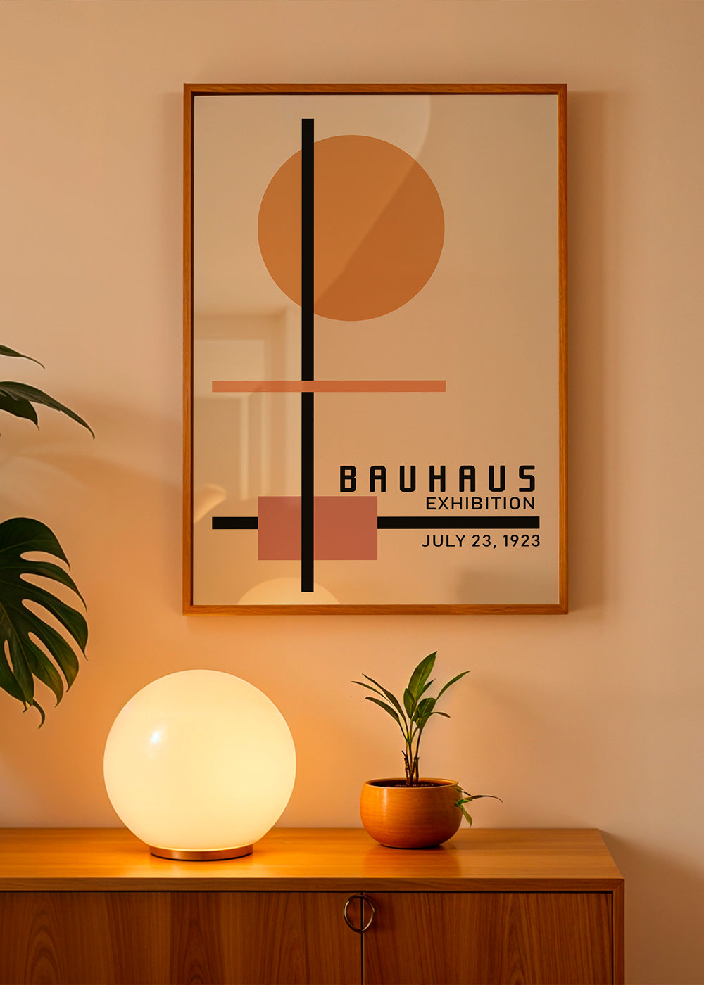 Geometrisk Bauhaus-plakat med cirkelsol og akser