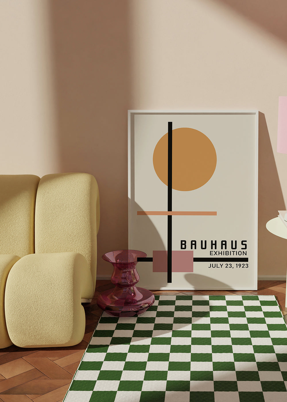 Geometrisk Bauhaus-plakat med cirkelsol og akser