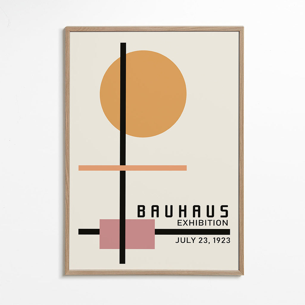 Geometrisk Bauhaus-plakat med cirkelsol og akser