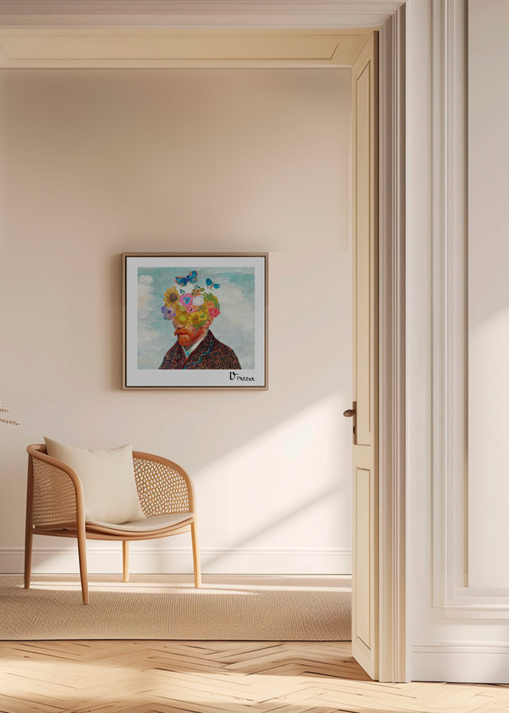 Botanisk plakat: blomsterportræt med sommerfugle