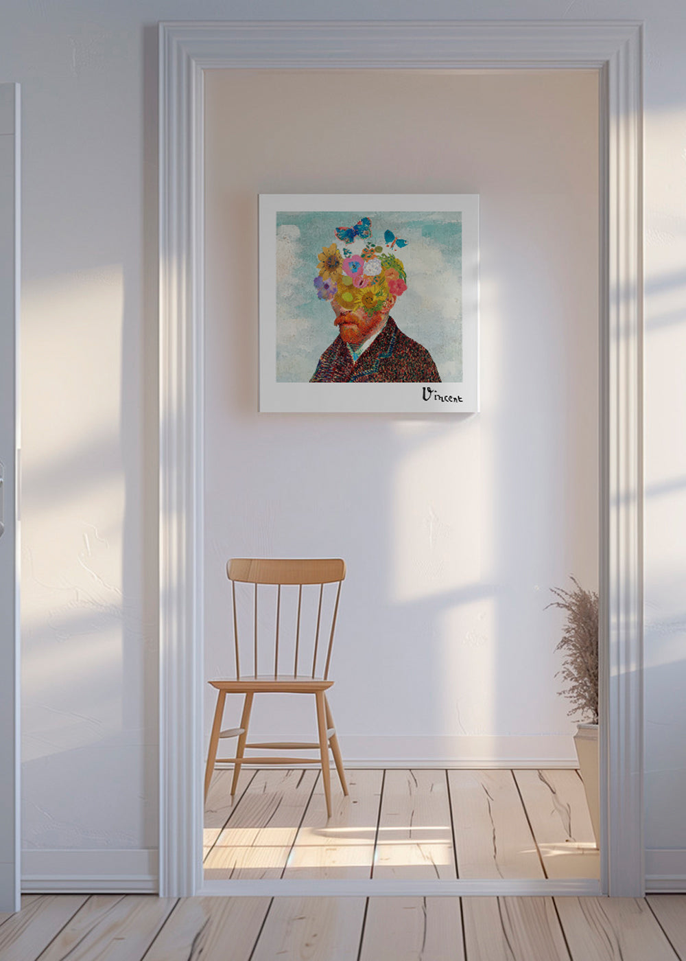 Botanisk plakat: blomsterportræt med sommerfugle
