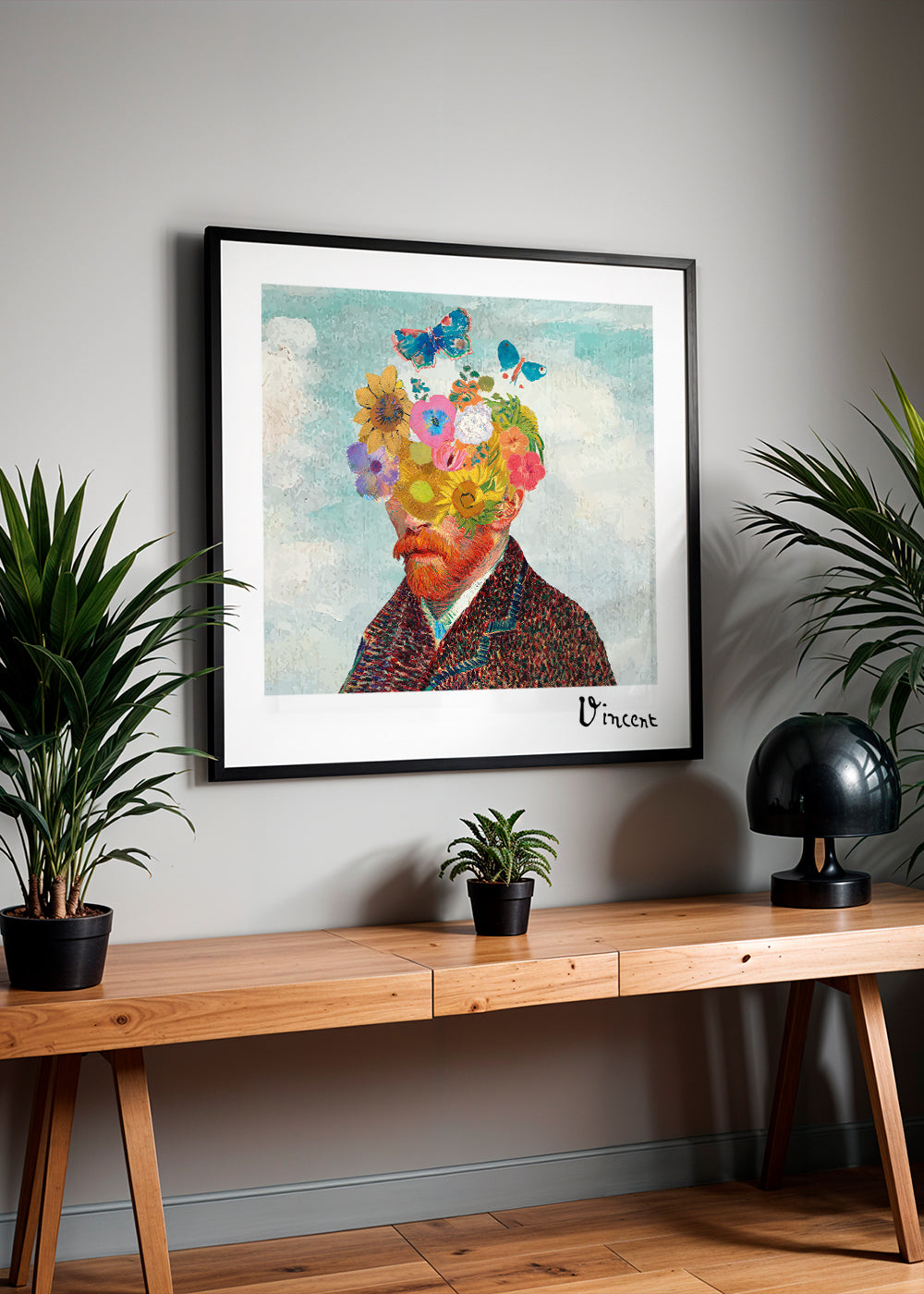 Botanisk plakat: blomsterportræt med sommerfugle
