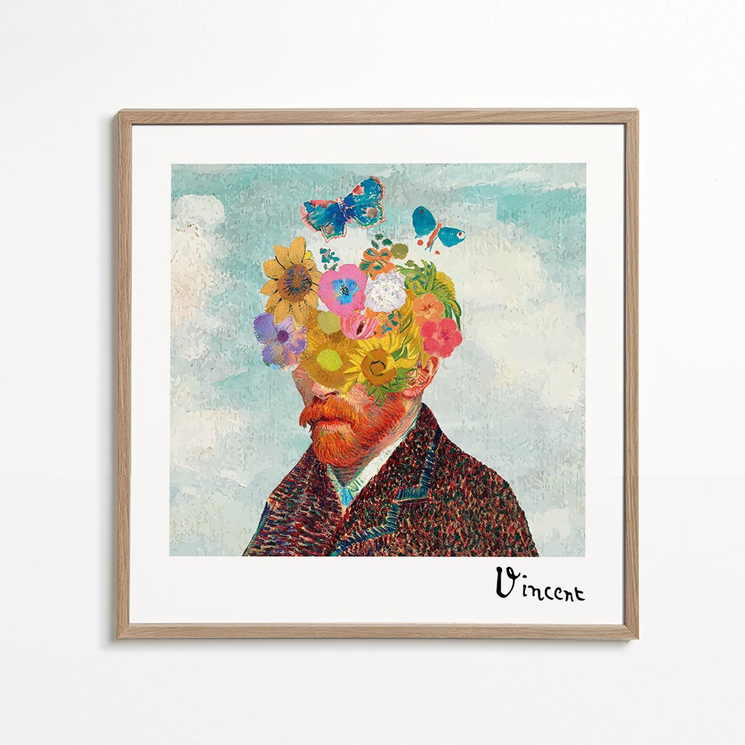 Botanisk plakat: blomsterportræt med sommerfugle