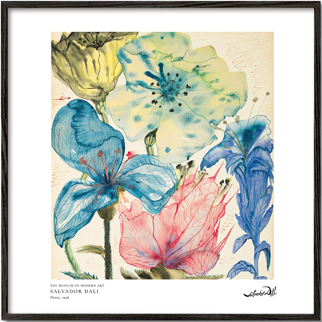 Botanisk plakat: akvarel med blå og rosa blomster