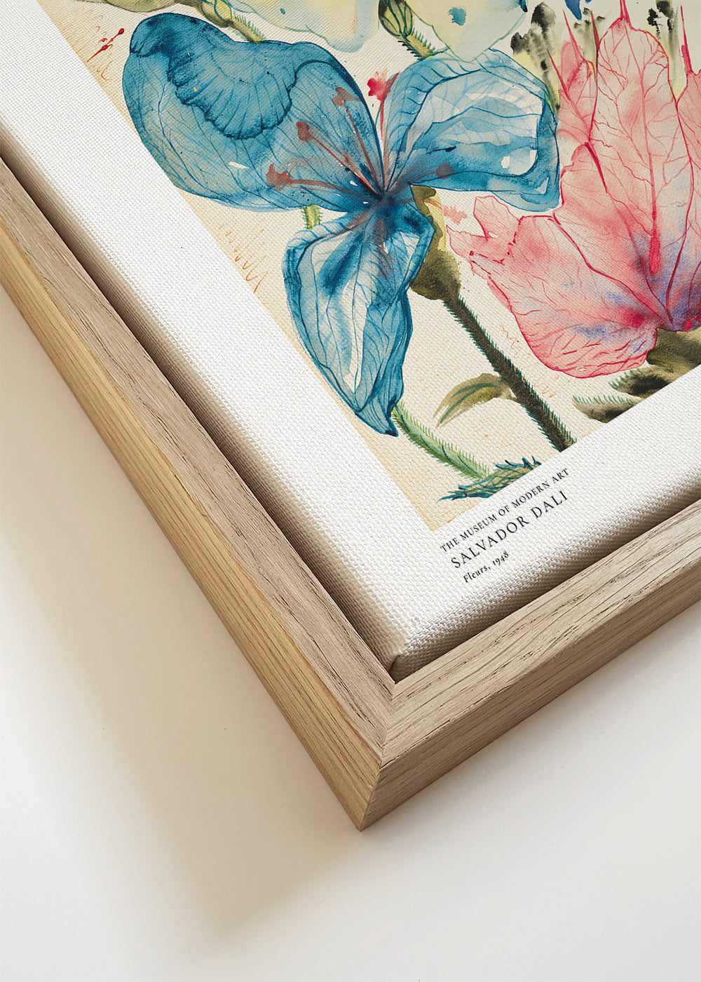 Botanisk plakat: akvarel med blå og rosa blomster