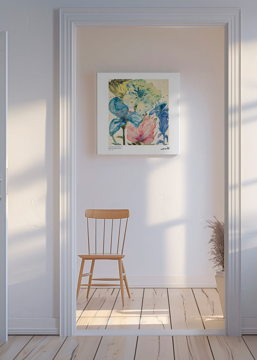 Botanisk plakat: akvarel med blå og rosa blomster