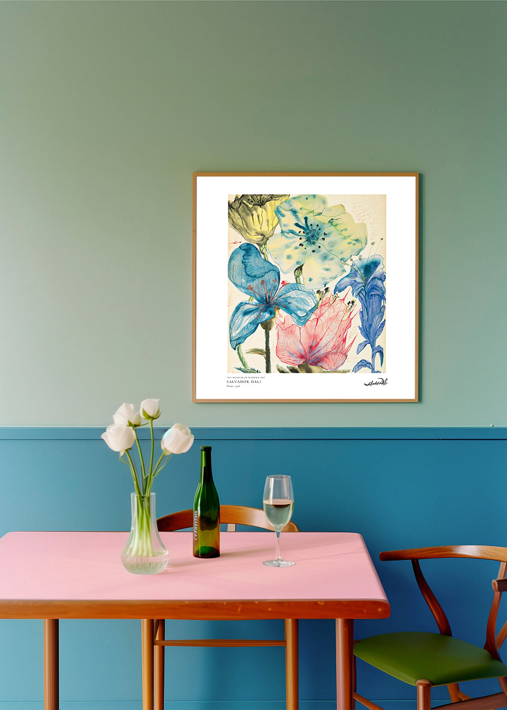 Botanisk plakat: akvarel med blå og rosa blomster