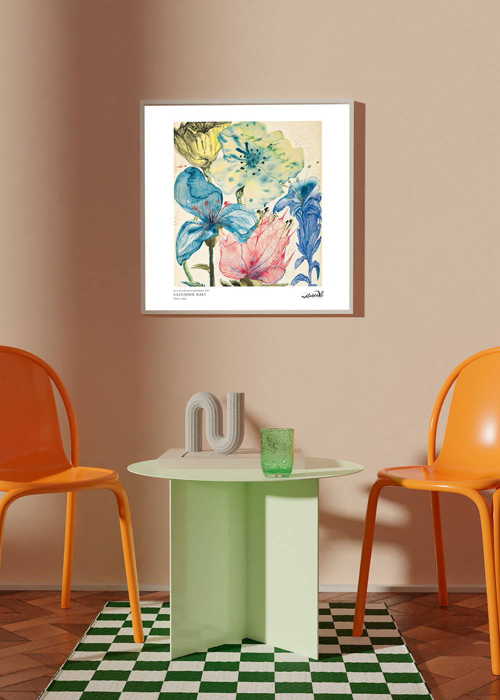 Botanisk plakat: akvarel med blå og rosa blomster