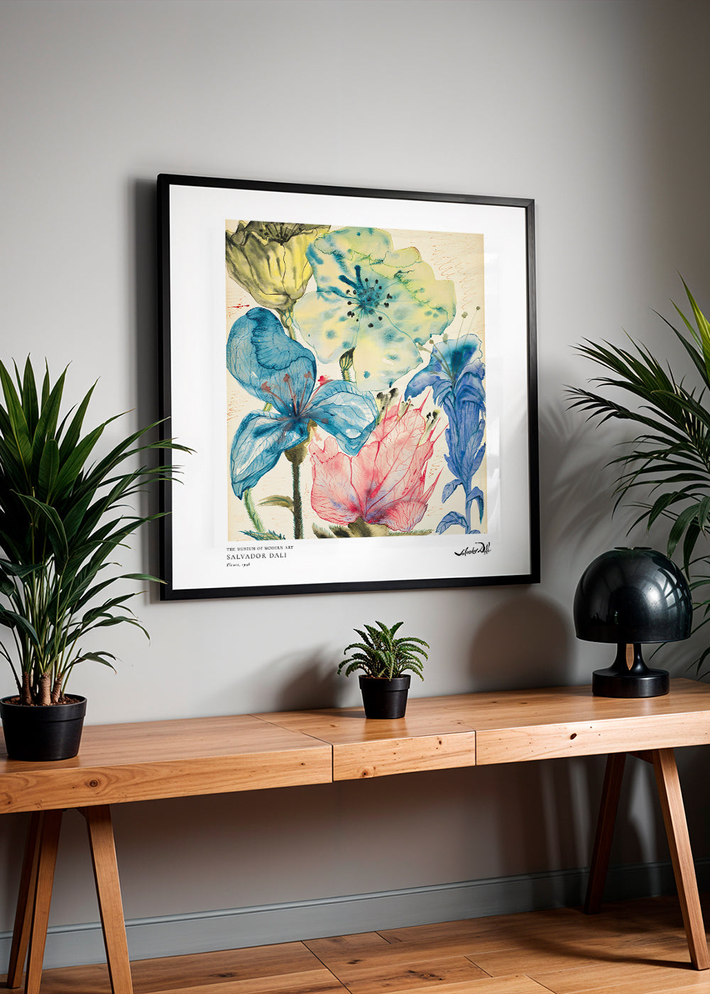 Botanisk plakat: akvarel med blå og rosa blomster