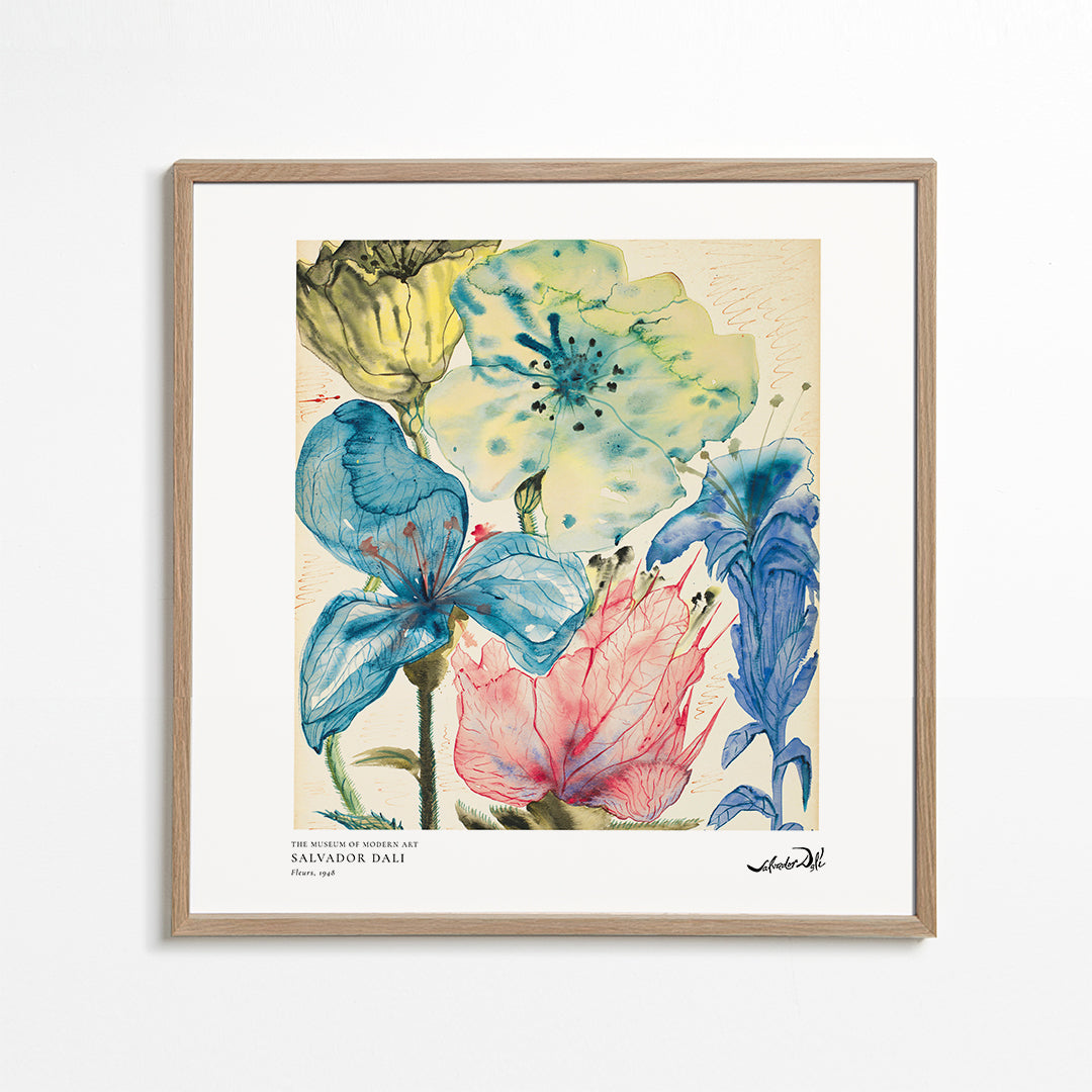 Botanisk plakat: akvarel med blå og rosa blomster