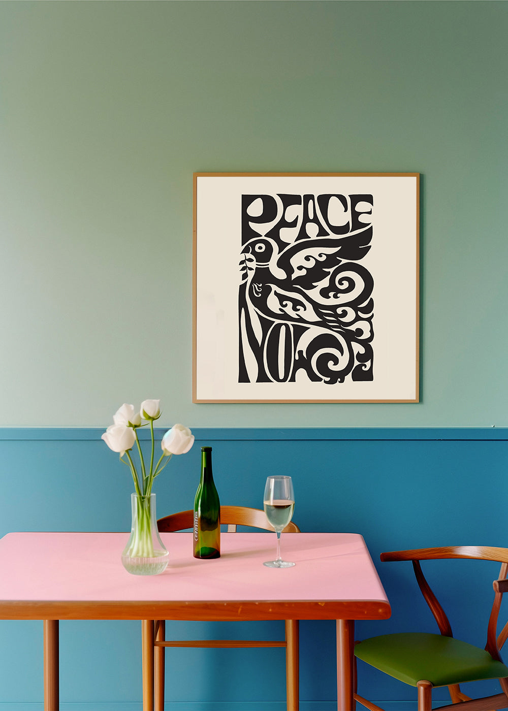 Vintage plakat med typografisk due 'Peace Now'