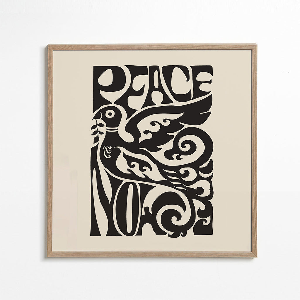 Vintage plakat med typografisk due 'Peace Now'