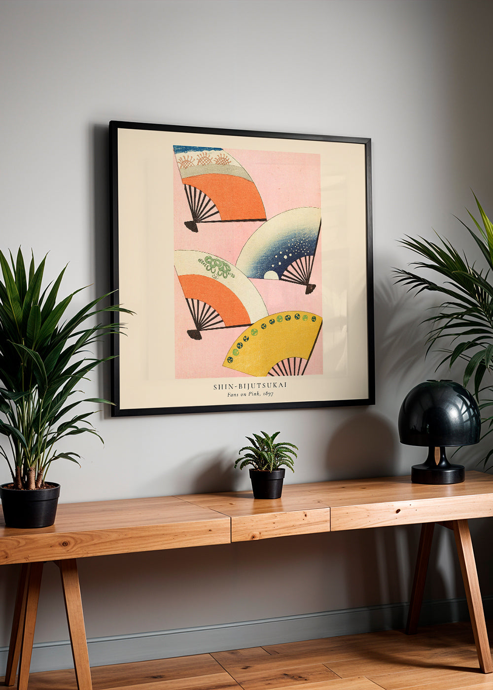 Illustration af japanske vifter på lyserød baggrund