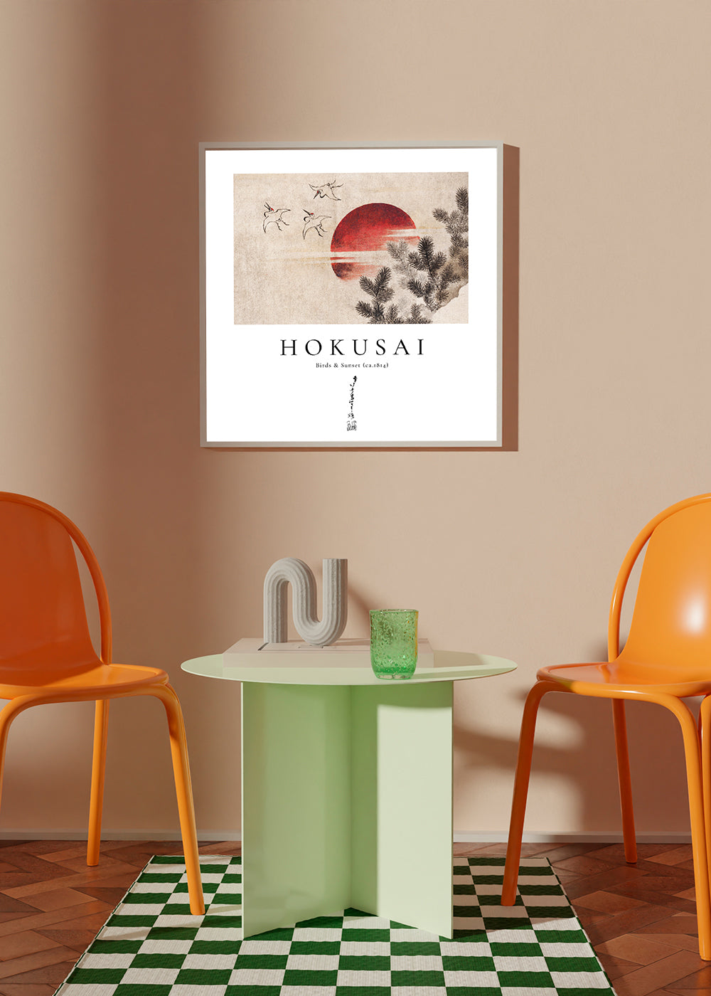 Hokusai-illustration med fugle og sol