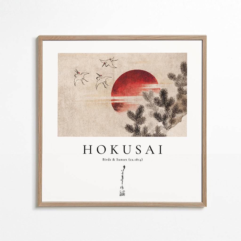 Hokusai-illustration med fugle og sol