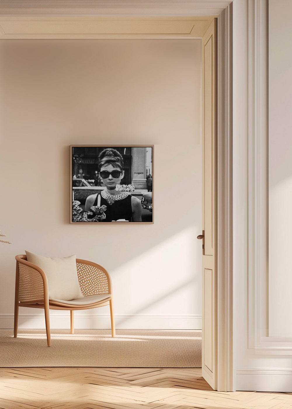 Sort-hvidt fotografi af skuespillerinde med perlehalskæde