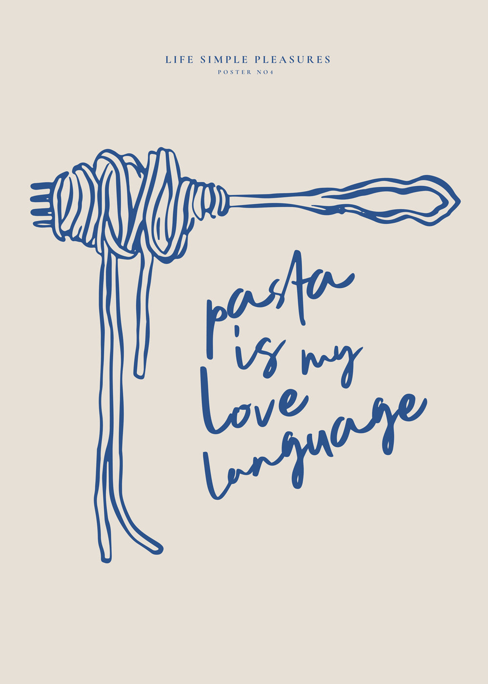 Køkkenkunst med pasta og blå typografi