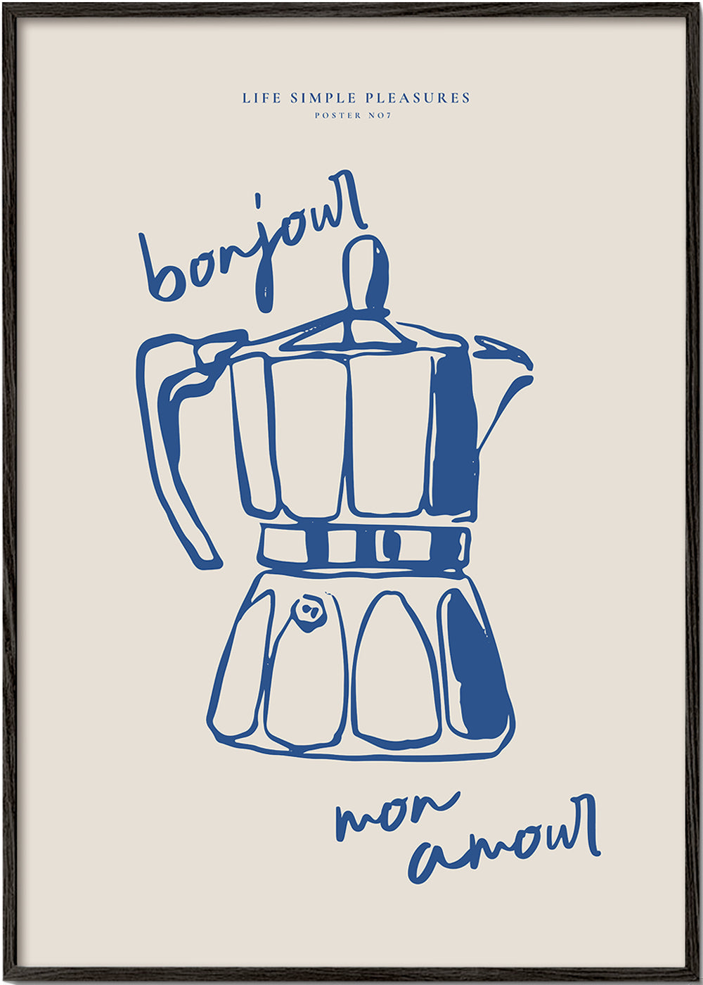 Køkkenkunst med blå moka og håndskrift