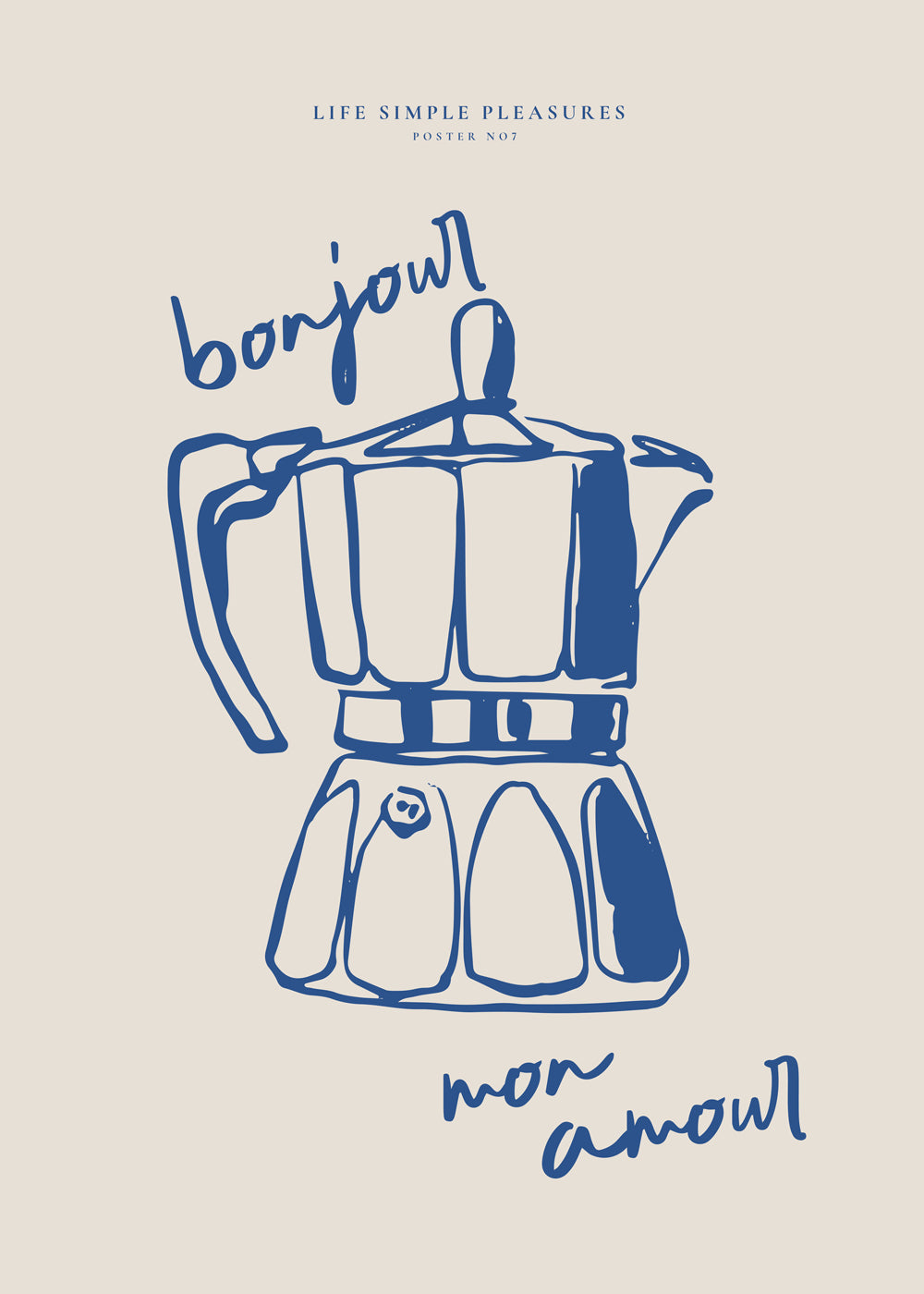 Køkkenkunst med blå moka og håndskrift