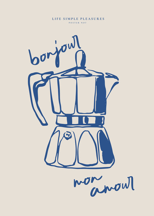 Køkkenkunst med blå moka og håndskrift