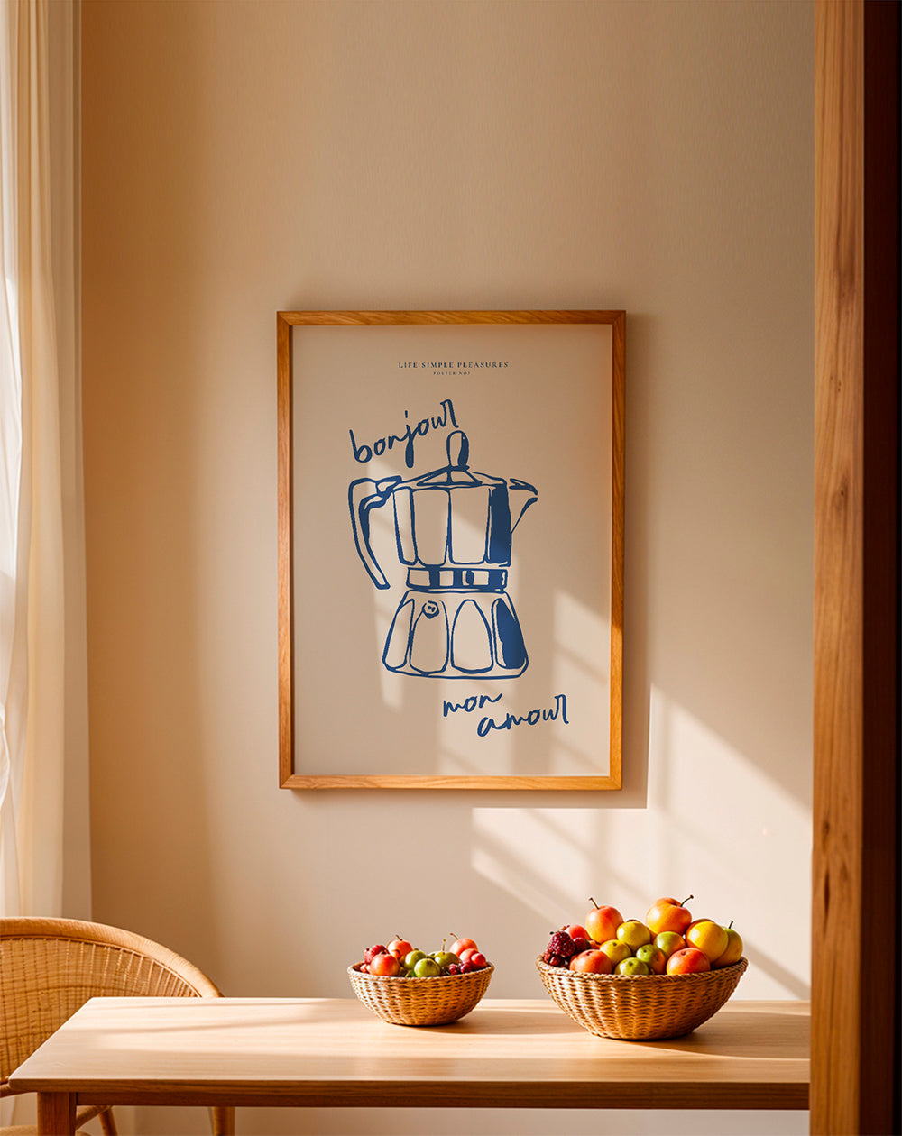 Køkkenkunst med blå moka og håndskrift