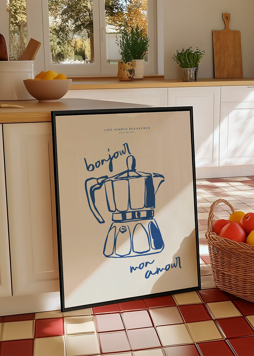 Køkkenkunst med blå moka og håndskrift
