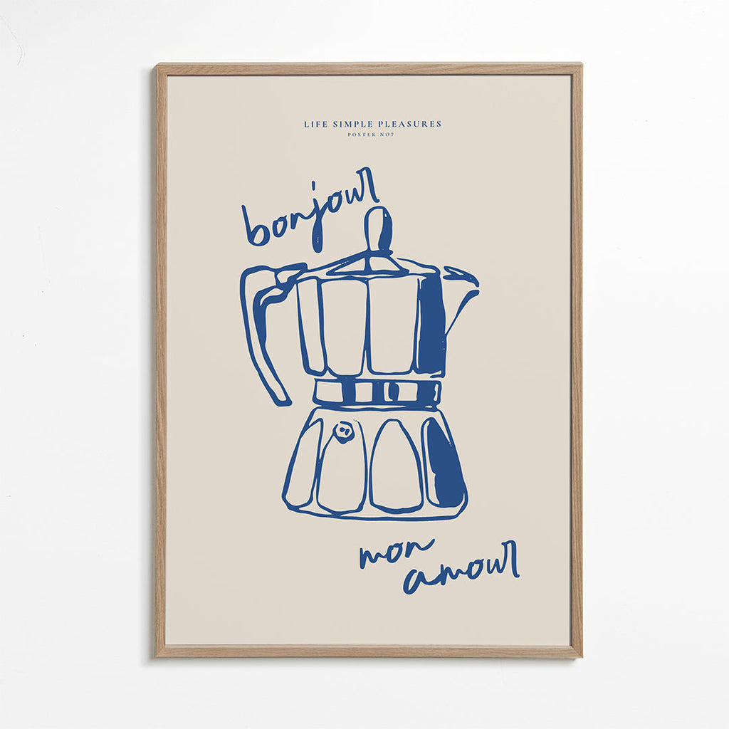 Køkkenkunst med blå moka og håndskrift