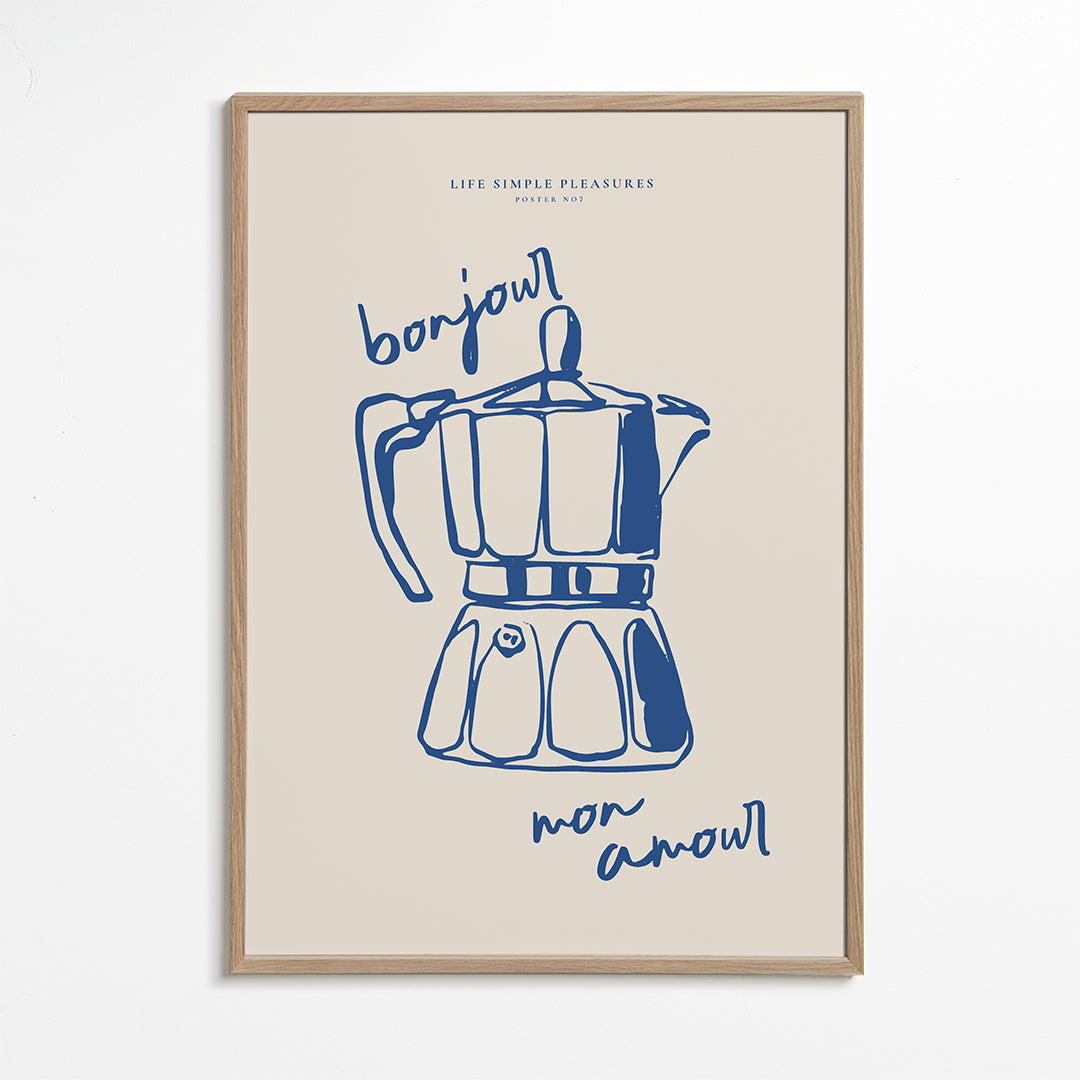 Køkkenkunst med blå moka og håndskrift