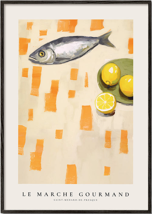 Køkkenkunst med fisk og citroner